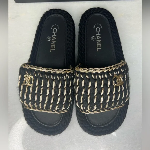 NEW CHANEL WOMENS BRAIDED KNIT METALLIC CC SLIDES SZ EU 39 - Picture 7 of 12
